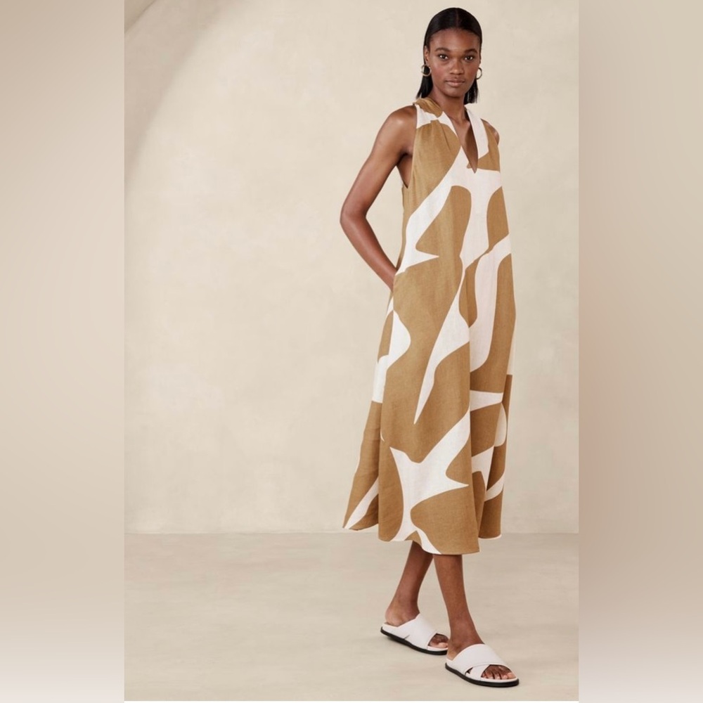 Banana Republic Pauline Linen Brown and White Midi Dress